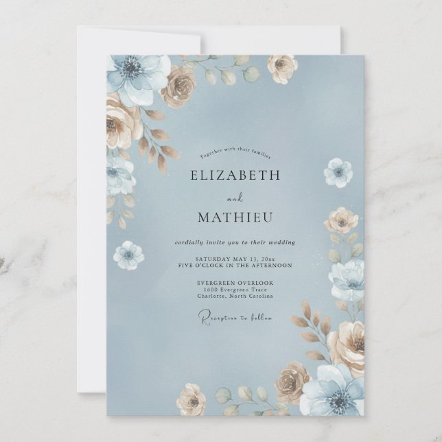 Dusty Sky Painted Peony Wedding Invitation (Front)