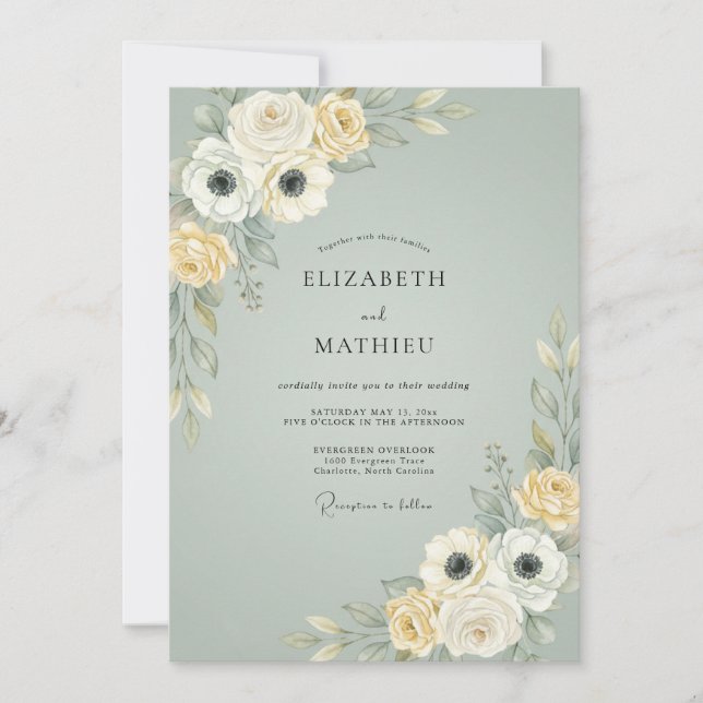 Dusty Slate Blossom Wedding Invitation (Front)