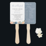 Dusty Slate Blue Peach Botanical Wedding Program Hand Fan<br><div class="desc">Chic dusty slate blue and peach watercolor flowers and foliage wedding program fans. Programs feature multiple text lines for names,  date and order of ceremony on front. Back features solid dusty slate blue colour,  lines of text for the wedding party and thank you message.</div>