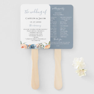 Dusty Slate Blue Peach Botanical Wedding Program Hand Fan