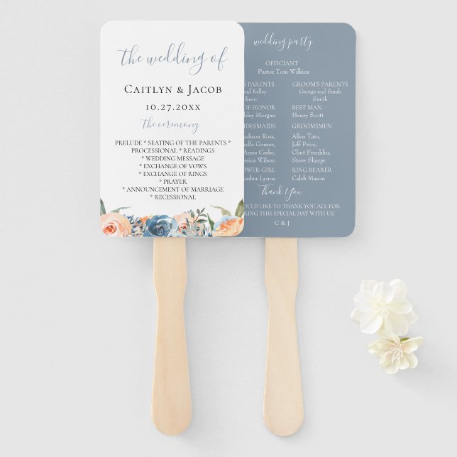 Dusty Slate Blue Peach Botanical Wedding Program Hand Fan (Front and Back)