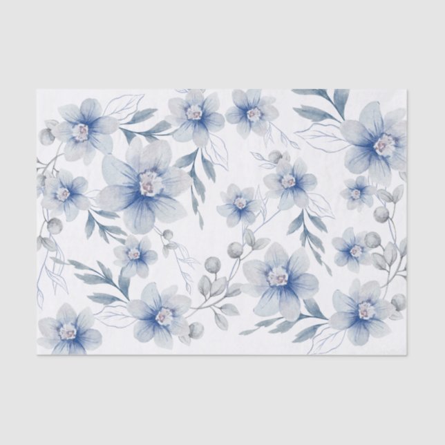 Dusty Slate Blue Watercolor Flower Tissue Paper (Front)