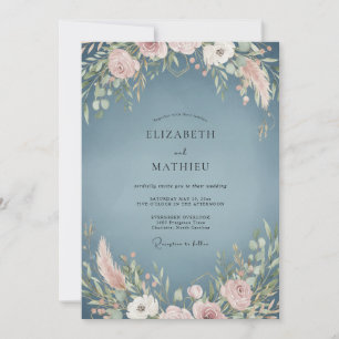 Dusty Slate Pampas Eucalyptus Wedding Invitation