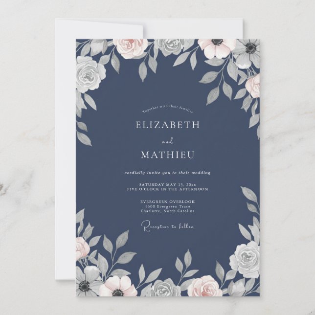 Dusty Slate Petal Wedding Invitation (Front)