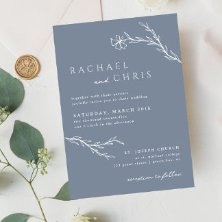 Dusty Steel Blue Modern Stenciled Floral Botanical Invitation