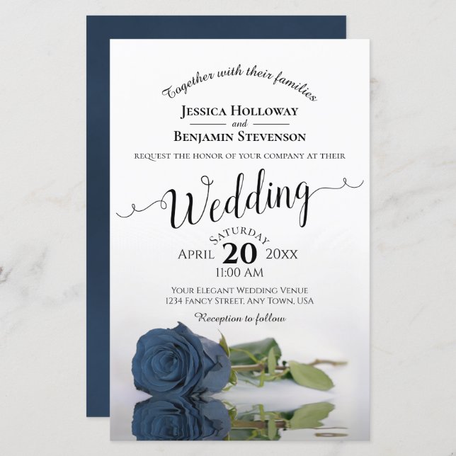Dusty Steel Blue Rose BUDGET Wedding Invitation (Front/Back)
