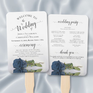Dusty Steel Blue Rose Elegant Wedding Program Hand Fan