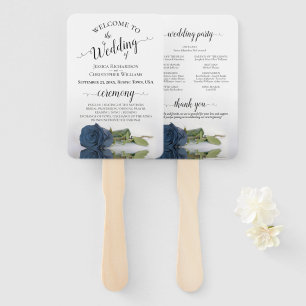 Dusty Steel Blue Rose Elegant Wedding Program Hand Fan