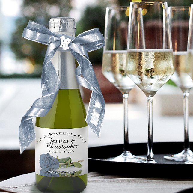 Dusty Steel Blue Rose Wedding Thank You Mini Sparkling Wine Label (Creator Uploaded)