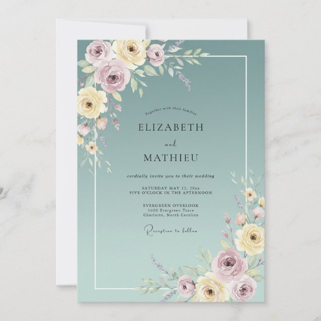 Dusty Steel Peony Wedding Invitation (Front)