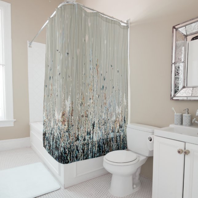 Dusty Taupe Orange Dark Blue Wildflowers Shower Curtain (In Situ)