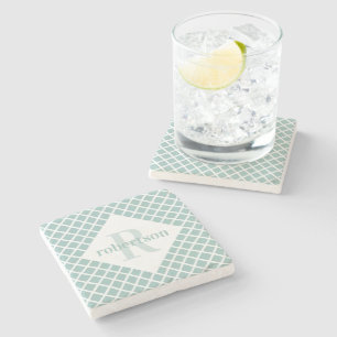 Dusty Teal and White Geometric Modern Monogrammed Stone Coaster
