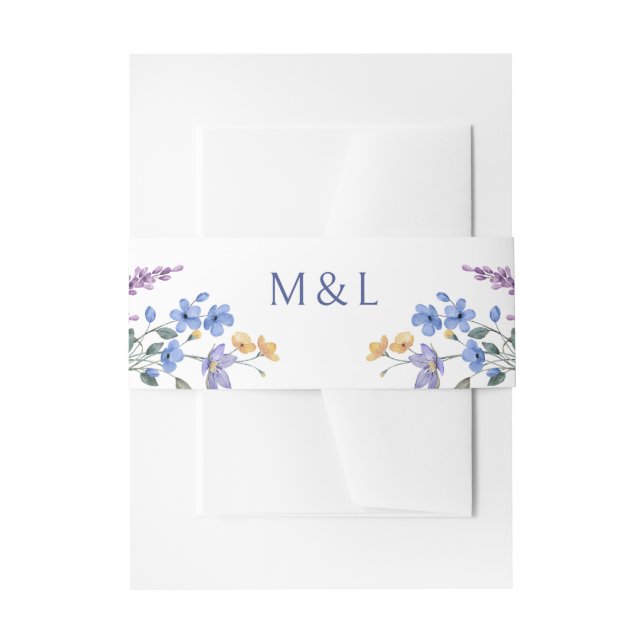 Dusty Teal Blue Lavender Wildflowers Wedding Invitation Belly Band (Front Example)