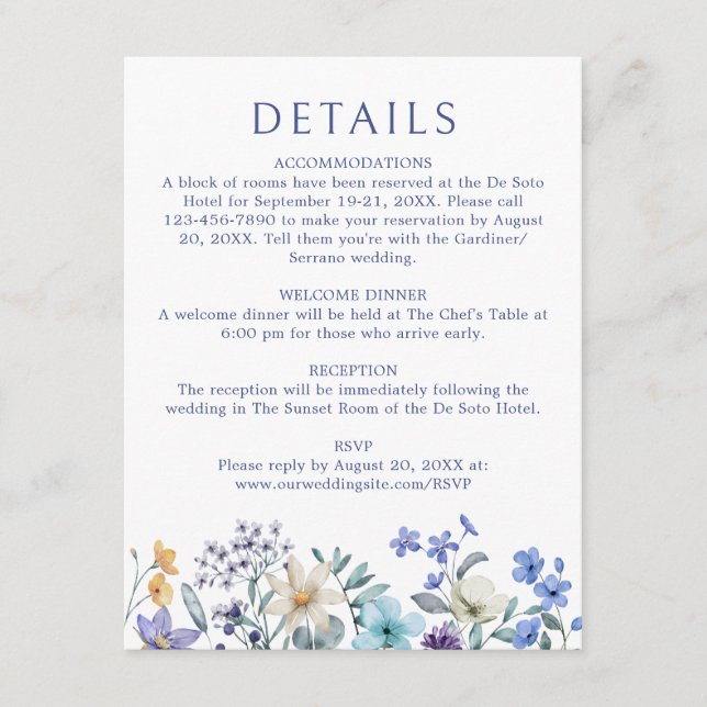Dusty Teal Blue Wildflower Wedding Details Enclosure Card (Front)