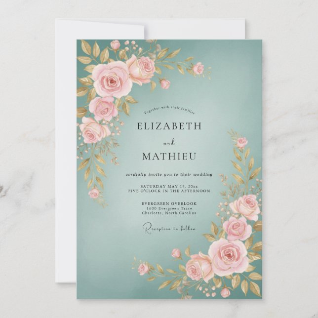 Dusty Teal Blush Rose Wedding Invitation (Front)