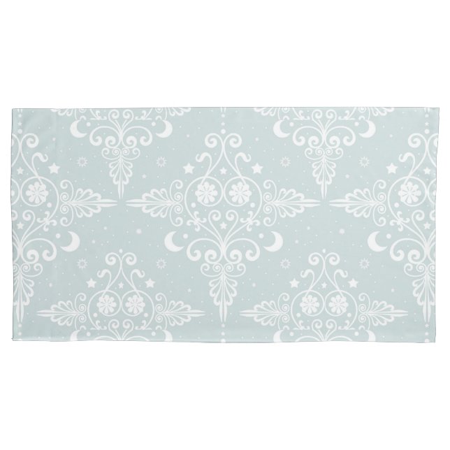 Dusty Teal Bohemian Style Celestial Damask Pattern Pillowcase (Front)