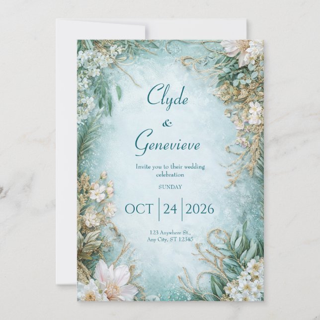 Dusty Teal & Cream Wildflower Wedding Invitation (Front)