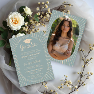 Dusty Teal Elegantly Vintage Oval Grad Cap Photo Invitation