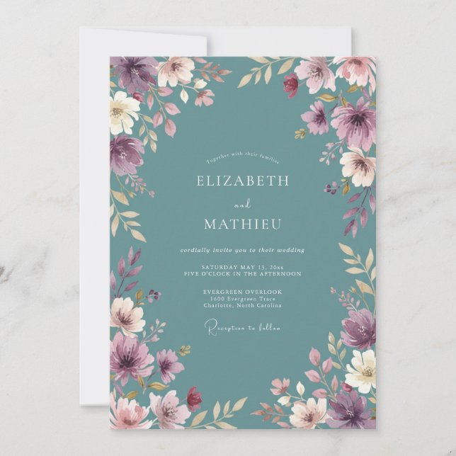 Dusty Teal Ethereal Floral Wedding Invitation (Front)