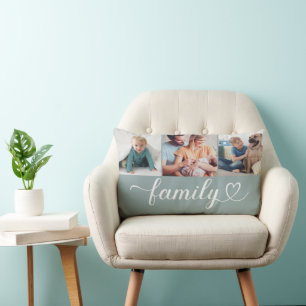 Dusty Teal Family Heart 3 Photo Collage Lumbar Cushion