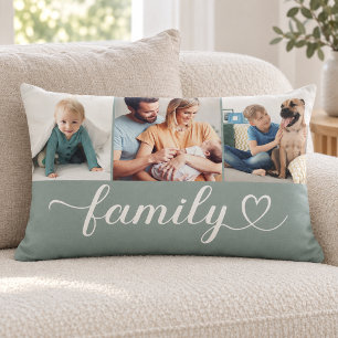 Dusty Teal Family Heart 3 Photo Collage Lumbar Cushion