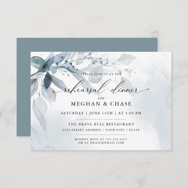 Dusty Teal Foliage Watercolor Rehearsal Dinner Invitation (Front/Back)