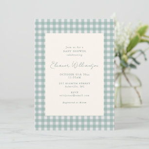 Dusty Teal Gingham Classic Elegant Baby Shower Invitation