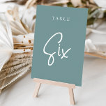 Dusty Teal Hand Scripted Table SIX Table Number<br><div class="desc">Simple and chic table number cards in dusty teal and white make an elegant statement at your wedding or event. Design features "table [number]" in an eyecatching mix of classic serif and handwritten script lettering. Design repeats on both sides. Individually numbered cards sold separately; order each table number individually from...</div>
