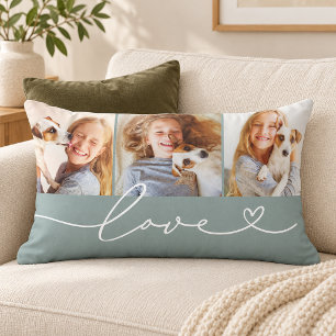 Dusty Teal Love Heart Script 3 Photo Lumbar Cushion