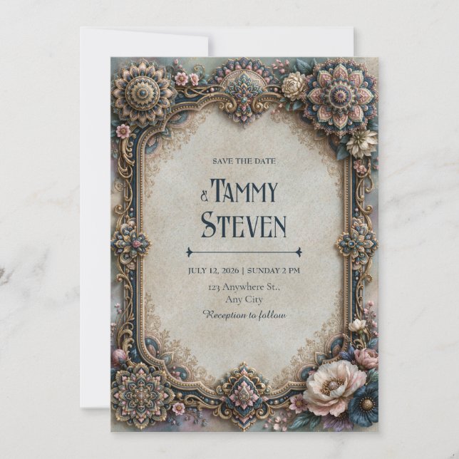 Dusty Teal Mandala Floral Frame Wedding Invitation (Front)
