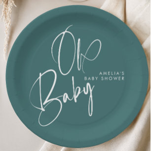 Dusty Teal Oh Baby Baby Shower Design Paper Plate