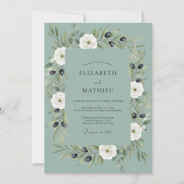 Dusty Teal Olive Dusty Eucalyptus Wedding Invitation (Front)