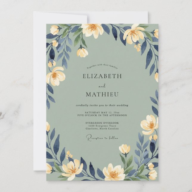 Dusty Teal Petal Wedding Invitation (Front)