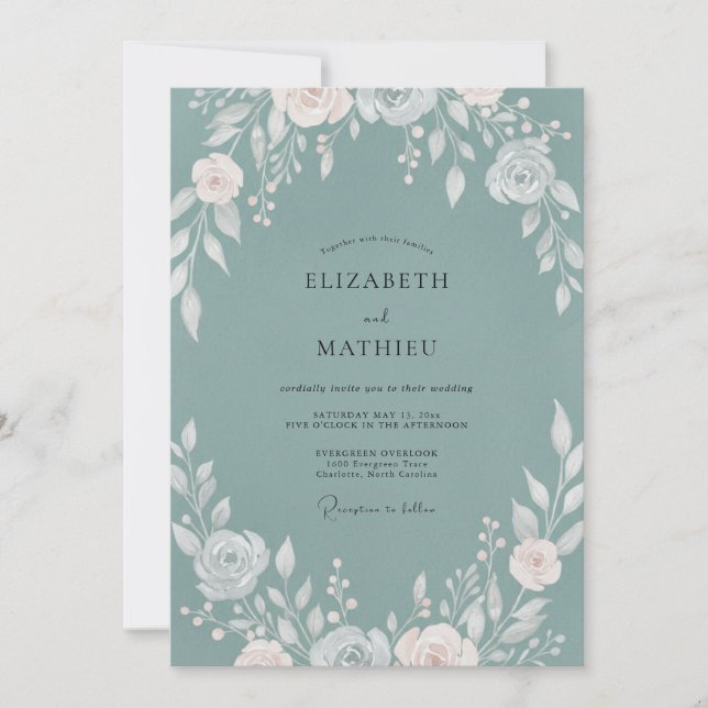 Dusty Teal Ranunculus Soft Eucalyptus Wedding Invitation (Front)