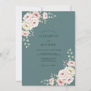 Dusty Teal Romantic Floral Wedding Invitation