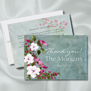Dusty Teal White Magenta Green Floral Thank You Card