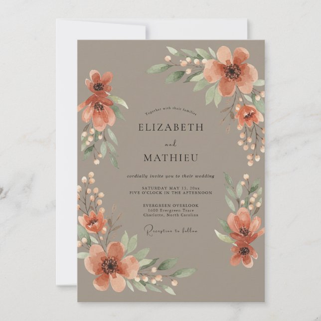 Dusty Terracotta Wildflower Wedding Invitation (Front)