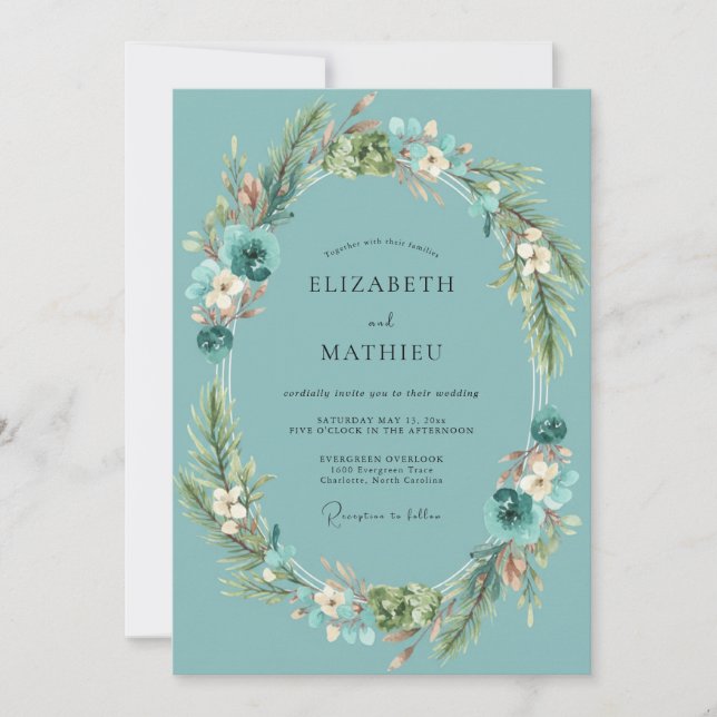 Dusty Turquoise Wreath Wedding Invitation (Front)