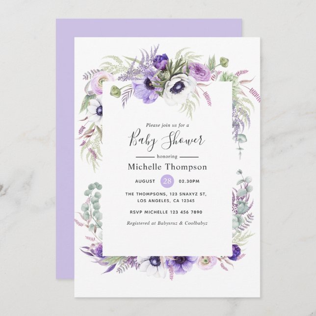 Dusty Violet Floral Baby Shower Invitation (Front/Back)