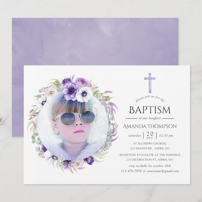 Dusty Violet Floral Baptism Invitation (Front/Back)