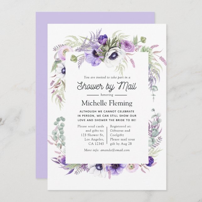 Dusty Violet Floral Bridal Shower by Mail Invitation (Front/Back)