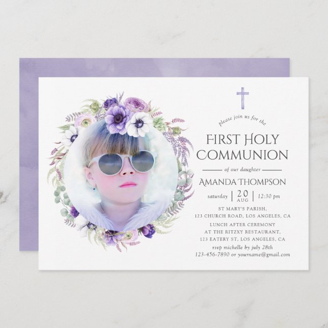 Dusty Violet Floral First Holy Communion Invitation (Front/Back)
