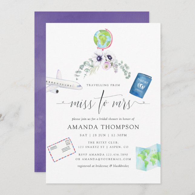 Dusty Violet Floral Miss To Mrs Bridal Shower Invitation (Front/Back)