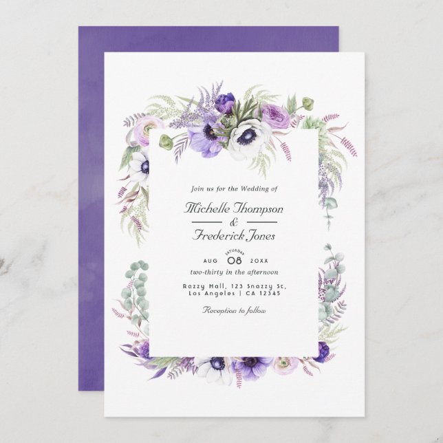 Dusty Violet Floral QR Code RSVP Wedding  Invitation (Front/Back)