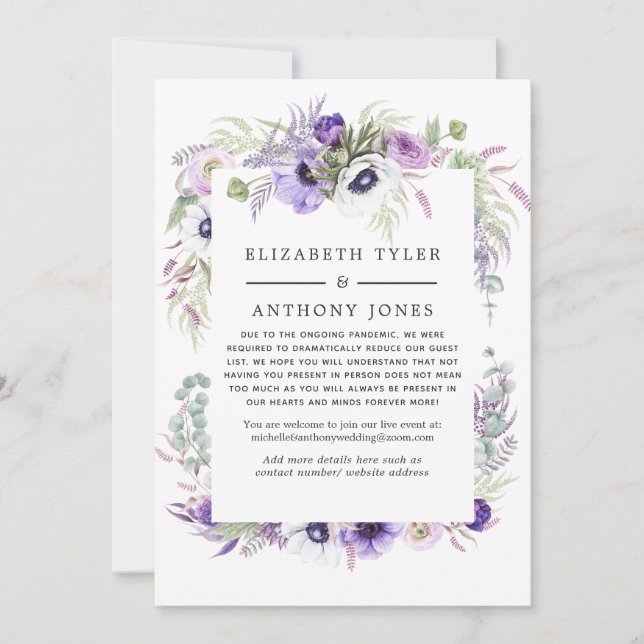 Dusty Violet Floral Reduced Wedding Guest List Announcement (Front)