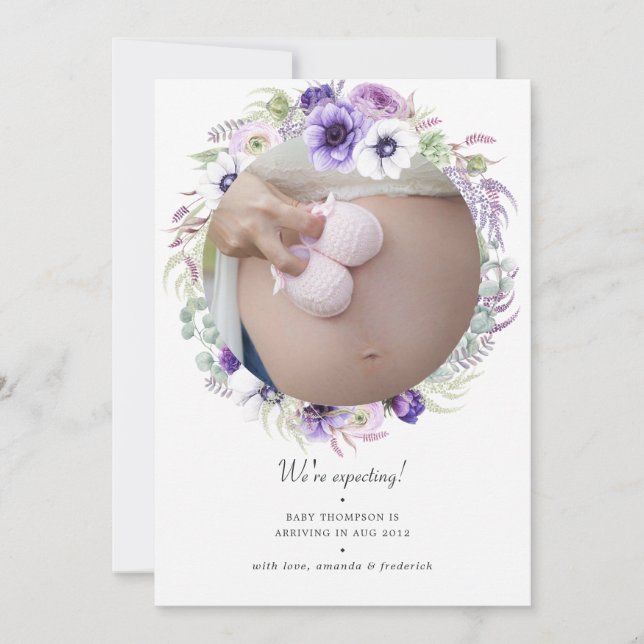 Dusty Violet Pastel Floral Photo Pregnancy Announcement (Front)