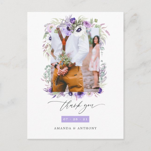 Dusty Violet Pastel Floral Wedding Photo Thank You Postcard (Front)