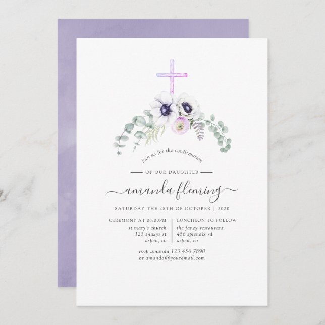 Dusty Violet Poppy Floral Confirmation Invitation (Front/Back)