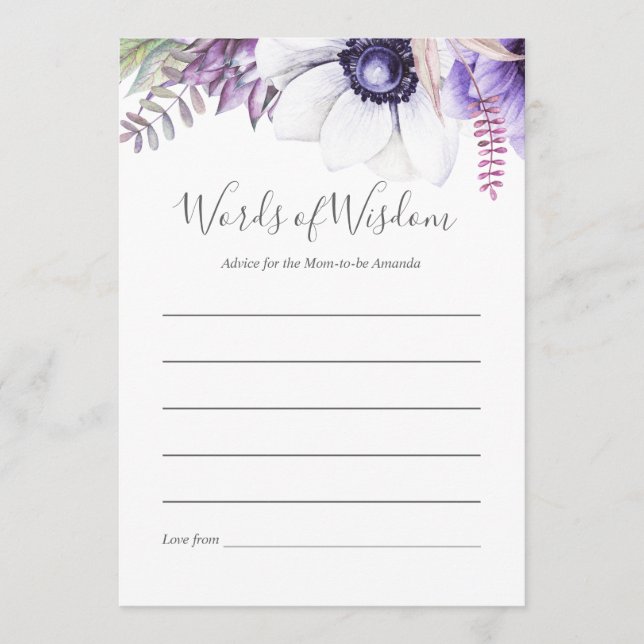 Dusty Violet Watercolor Floral Baby Shower Advice Card (Front)