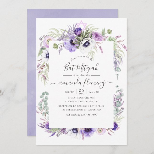 Dusty Violet Watercolor Floral Bat Mitzvah Invitation (Front/Back)